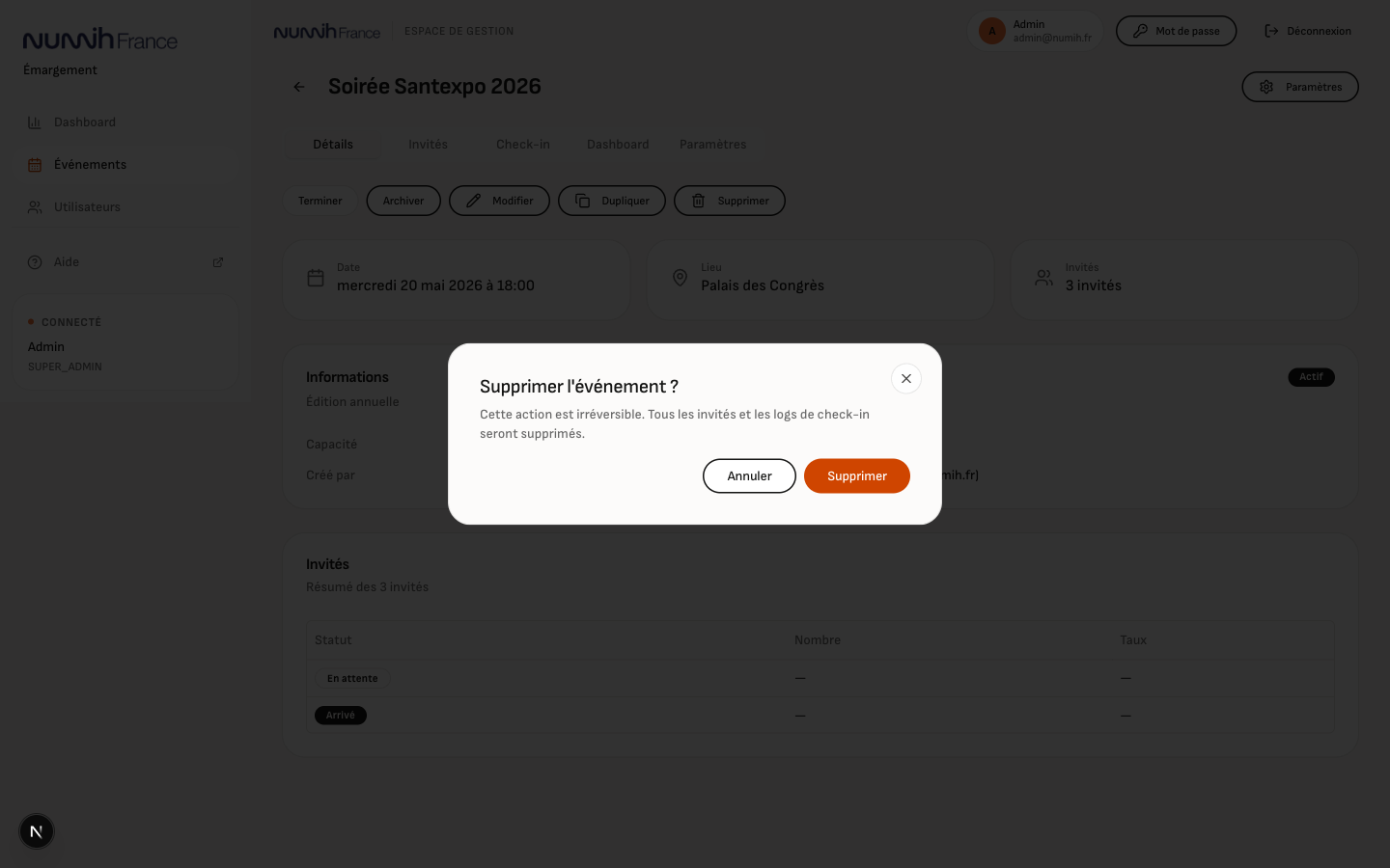 Confirmation de suppression d'événement