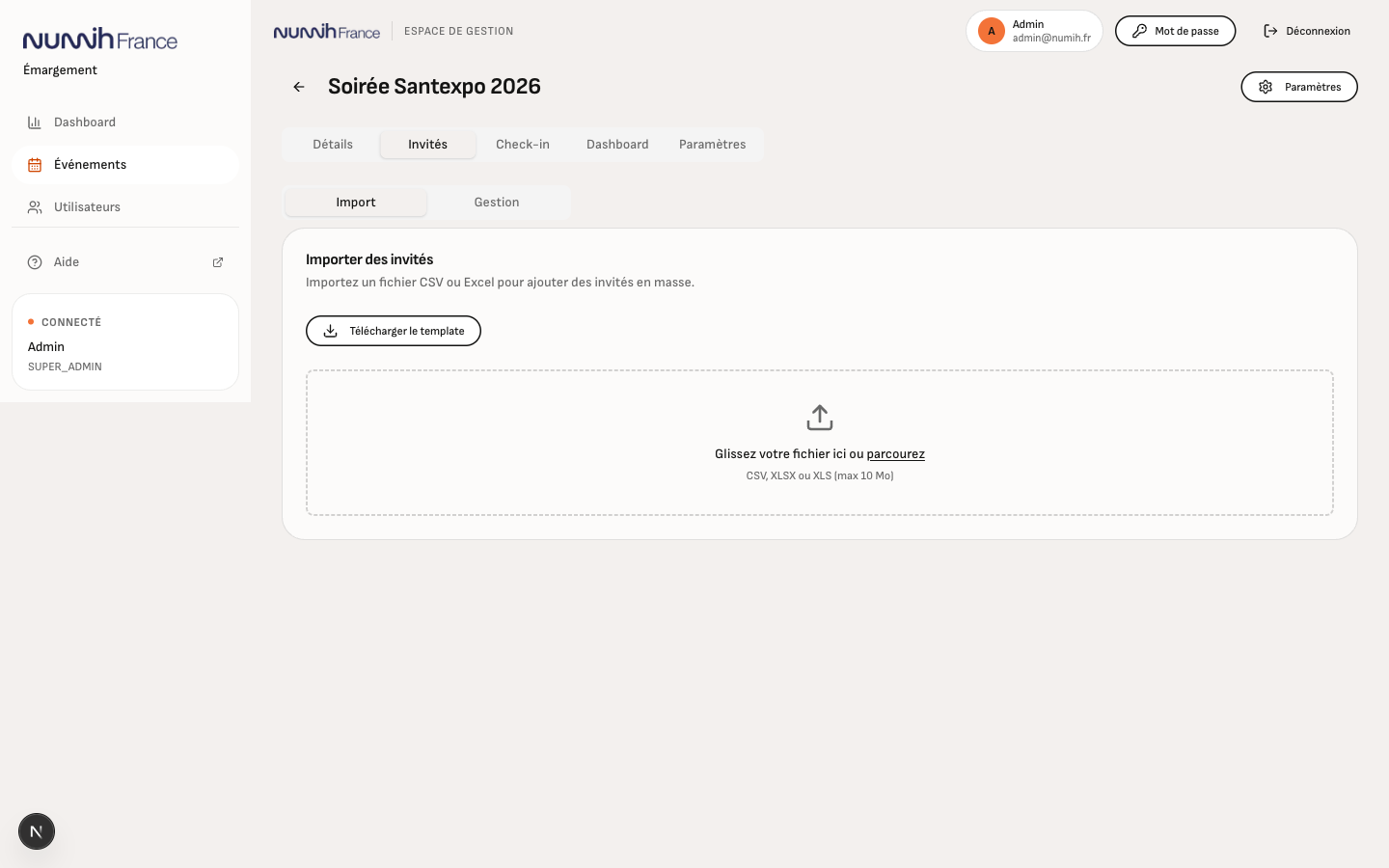 Écran d'import vide
